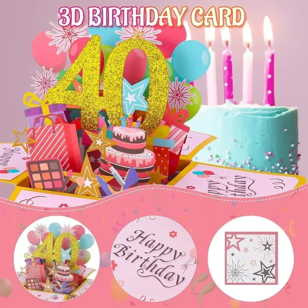 18/30/40/50/60Th Happy Birthday Card,Funny Envelope 3D Pop up Birthday Greeting Card Colorful Flower Birthday Greeting Card