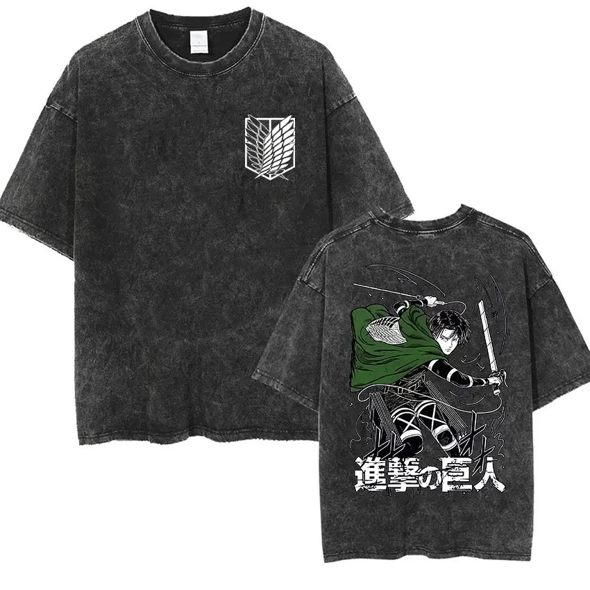 ⚔ Attack on Titan Vintage Wash T-Shirt — Mikasa, Eren & Wings of Freedom Logo