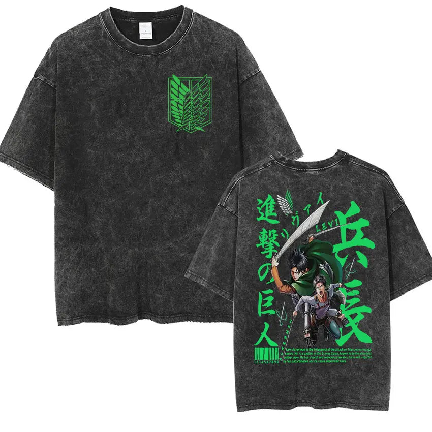 ⚔ Attack on Titan Vintage Wash T-Shirt — Mikasa, Eren & Wings of Freedom Logo