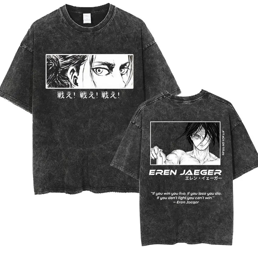 ⚔ Attack on Titan Vintage Wash T-Shirt — Mikasa, Eren & Wings of Freedom Logo