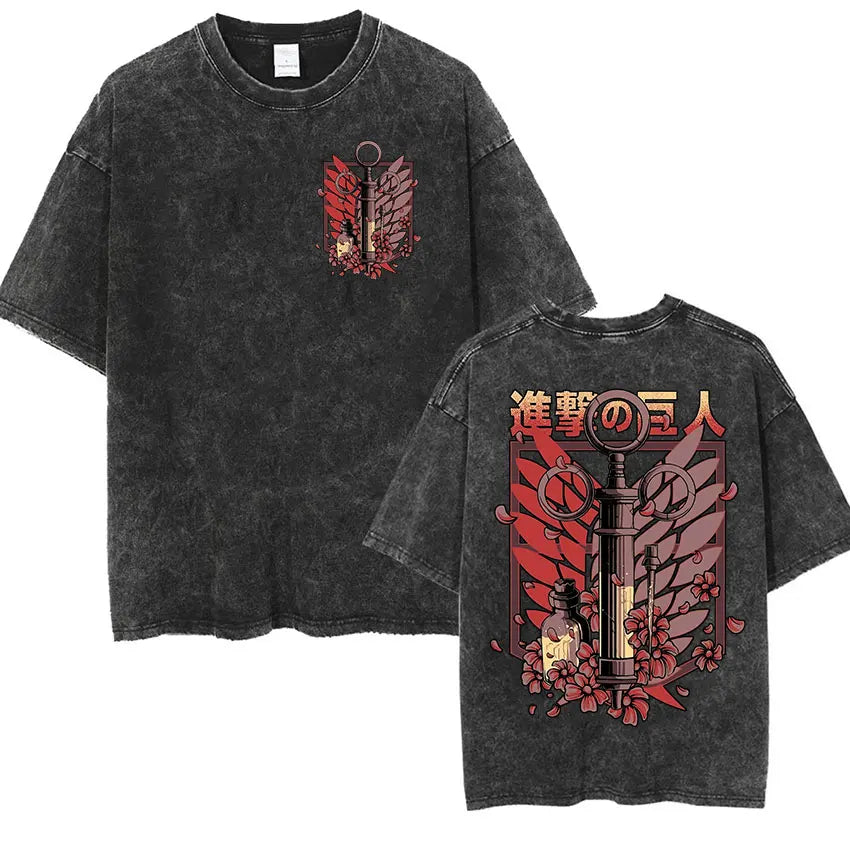 ⚔ Attack on Titan Vintage Wash T-Shirt — Mikasa, Eren & Wings of Freedom Logo