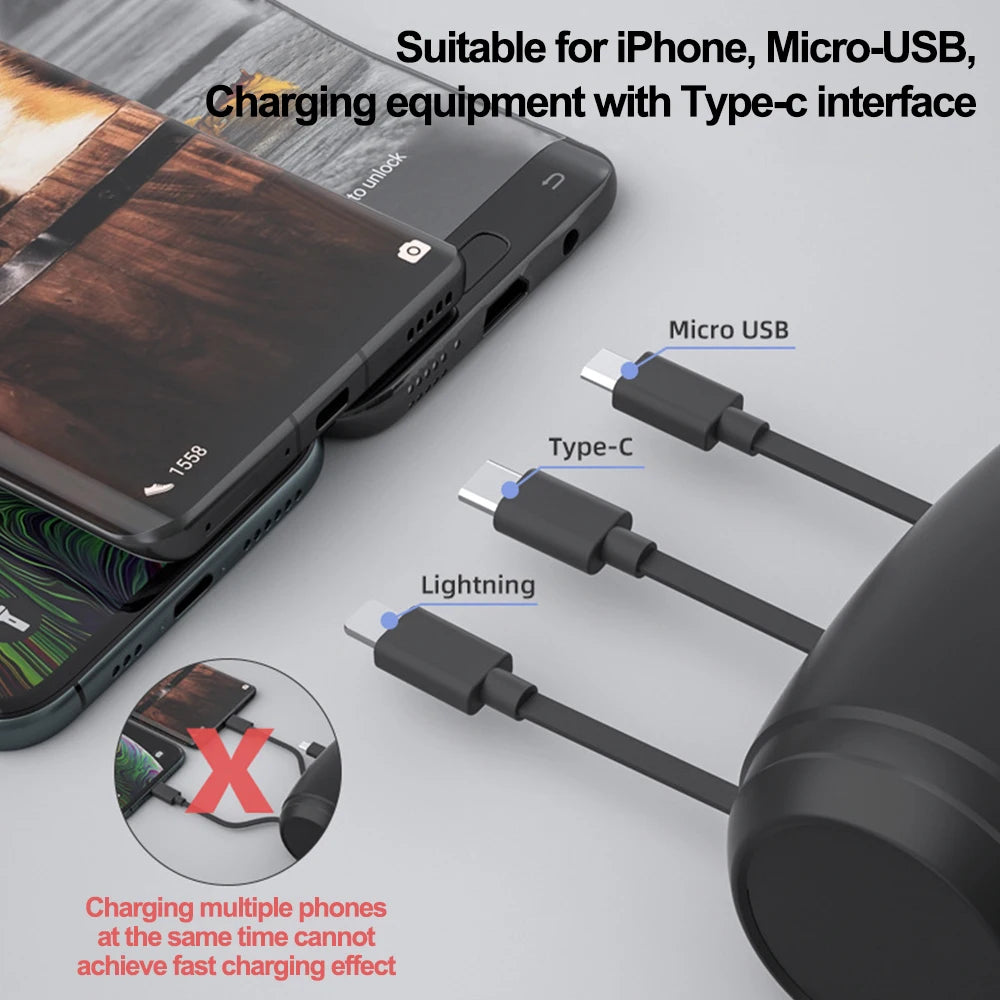 🔌 3-in-1 Retractable Fast Charger – Compact, Powerful, and Travel-Ready