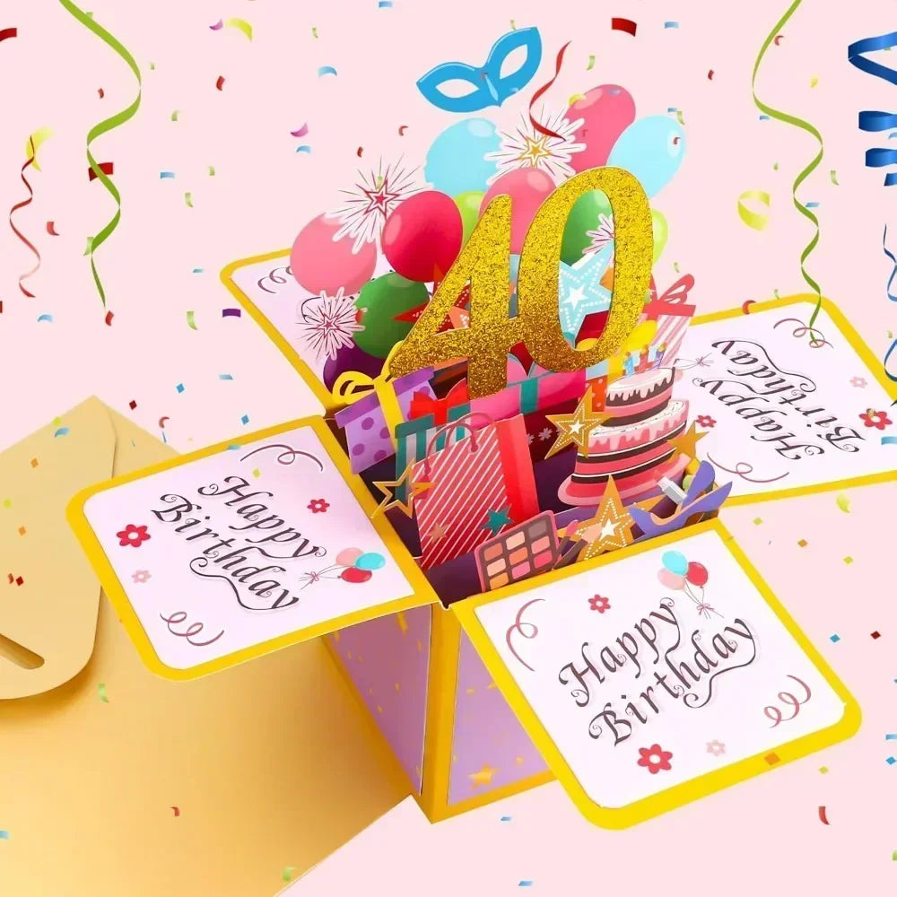 18/30/40/50/60Th Happy Birthday Card,Funny Envelope 3D Pop up Birthday Greeting Card Colorful Flower Birthday Greeting Card