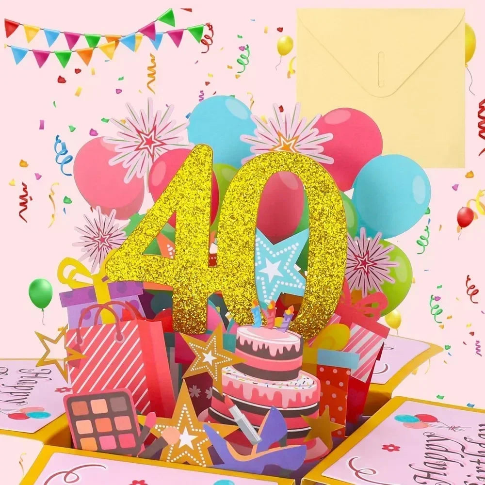 18/30/40/50/60Th Happy Birthday Card,Funny Envelope 3D Pop up Birthday Greeting Card Colorful Flower Birthday Greeting Card