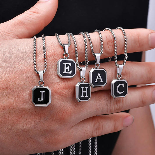 🅰️ Initials Square Pendant Necklace – Stainless Steel, Waterproof & Hypoallergenic