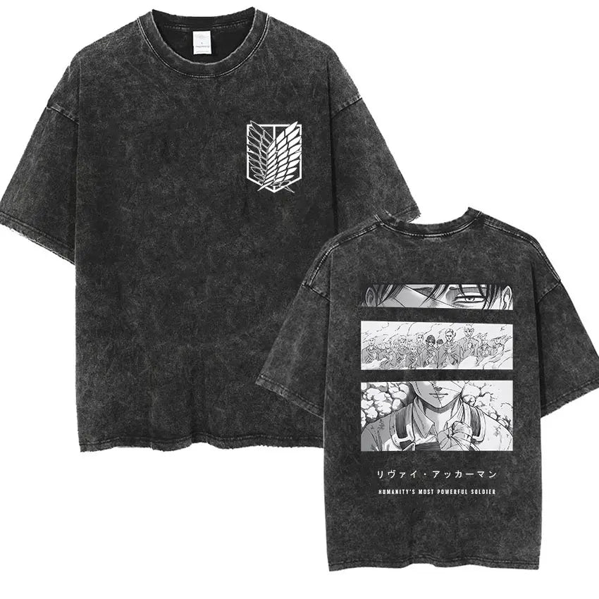 ⚔ Attack on Titan Vintage Wash T-Shirt — Mikasa, Eren & Wings of Freedom Logo