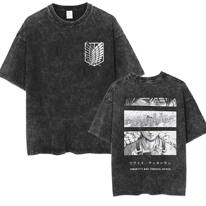 ⚔ Attack on Titan Vintage Wash T-Shirt — Mikasa, Eren & Wings of Freedom Logo
