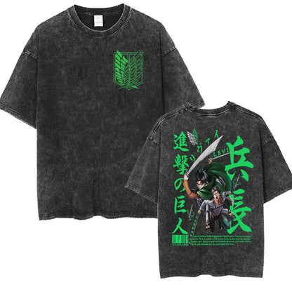 ⚔ Attack on Titan Vintage Wash T-Shirt — Mikasa, Eren & Wings of Freedom Logo