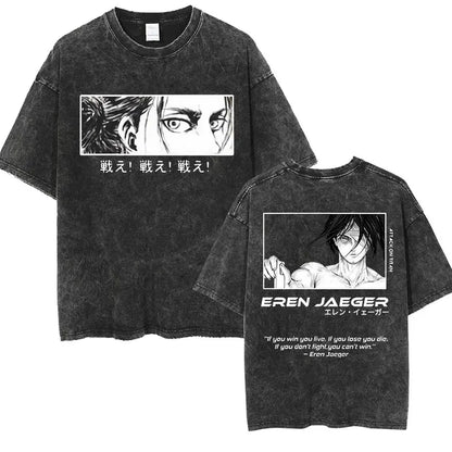 ⚔ Attack on Titan Vintage Wash T-Shirt — Mikasa, Eren & Wings of Freedom Logo