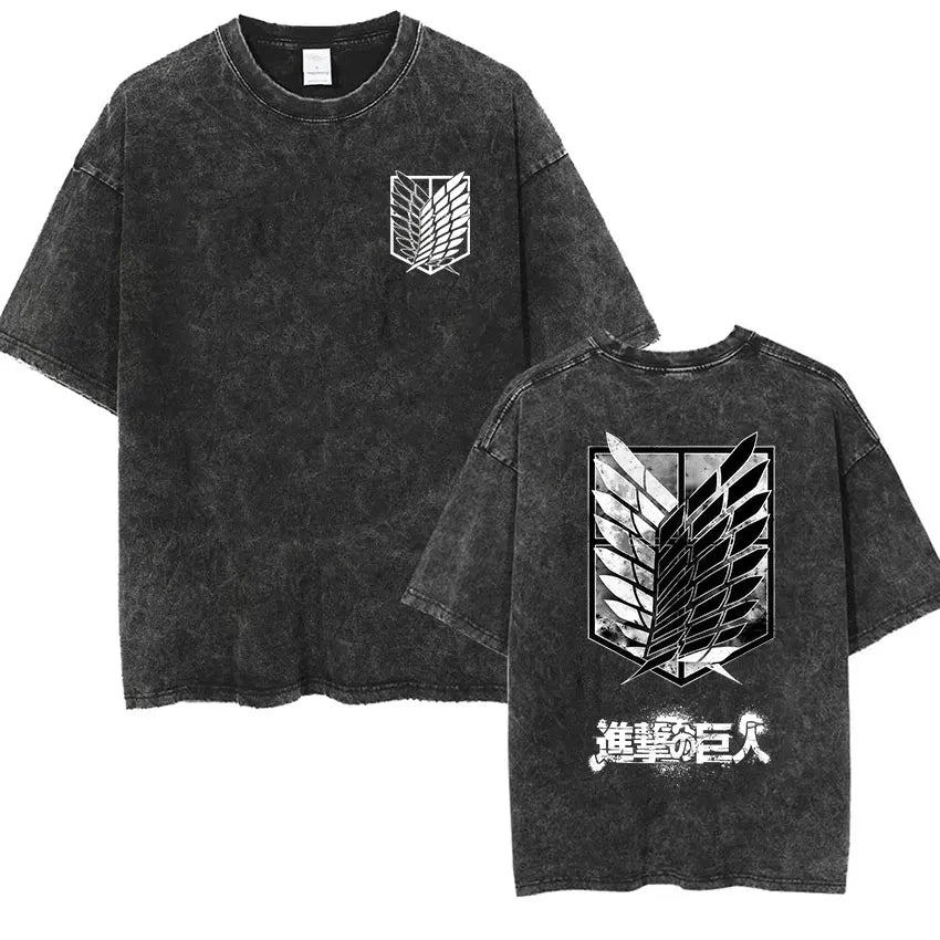 ⚔ Attack on Titan Vintage Wash T-Shirt — Mikasa, Eren & Wings of Freedom Logo
