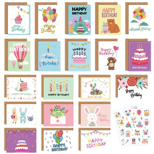 20-Pack Birthday Greeting Cards Set with Envelopes and Stickers,Cartoon Pattern, Multi-Design Paper Cards for Any Recipient