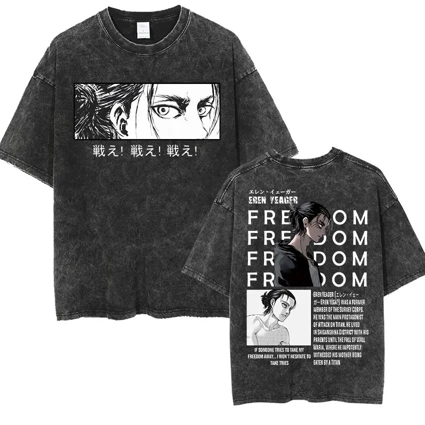 ⚔ Attack on Titan Vintage Wash T-Shirt — Mikasa, Eren & Wings of Freedom Logo