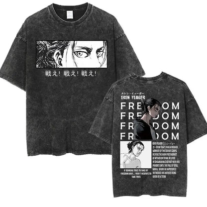 ⚔ Attack on Titan Vintage Wash T-Shirt — Mikasa, Eren & Wings of Freedom Logo