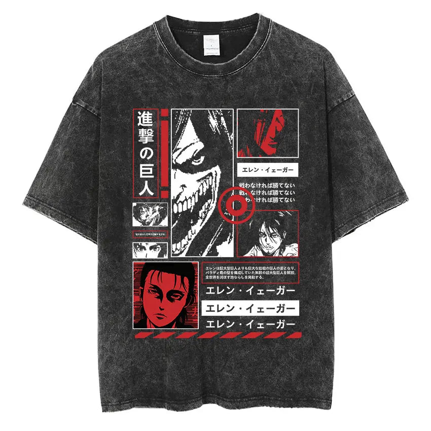 ⚔ Attack on Titan Vintage Wash T-Shirt — Mikasa, Eren & Wings of Freedom Logo