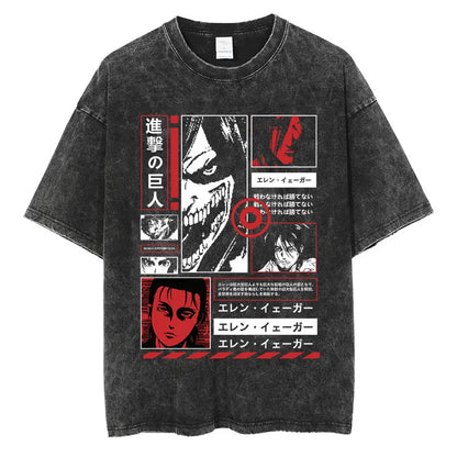 ⚔ Attack on Titan Vintage Wash T-Shirt — Mikasa, Eren & Wings of Freedom Logo