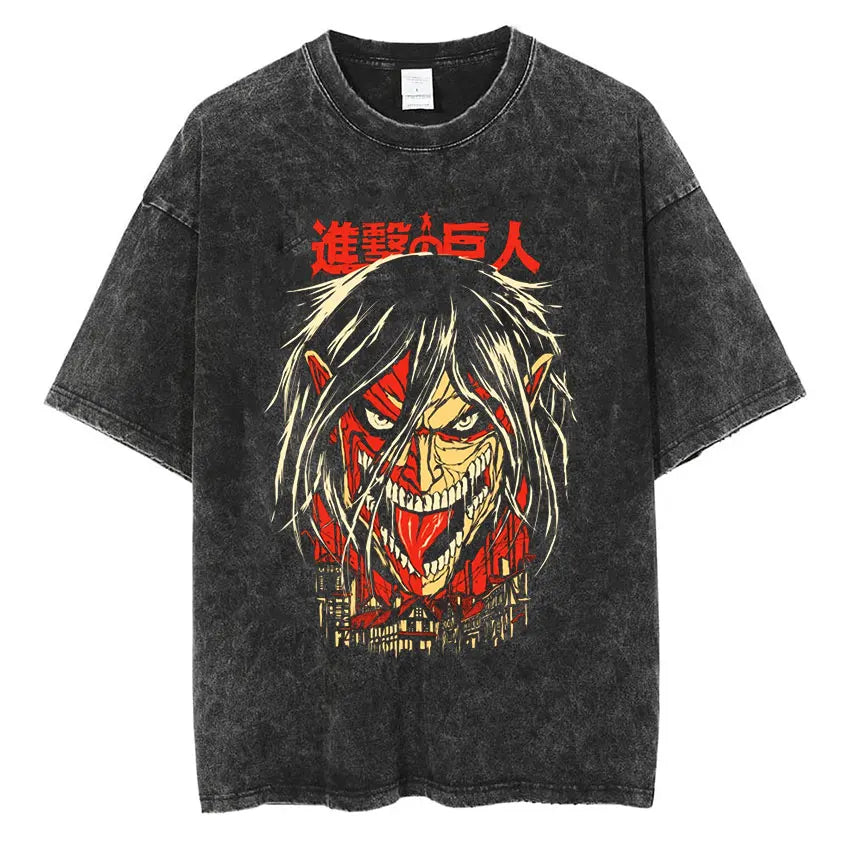⚔ Attack on Titan Vintage Wash T-Shirt — Mikasa, Eren & Wings of Freedom Logo