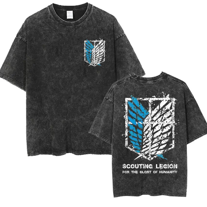 ⚔ Attack on Titan Vintage Wash T-Shirt — Mikasa, Eren & Wings of Freedom Logo