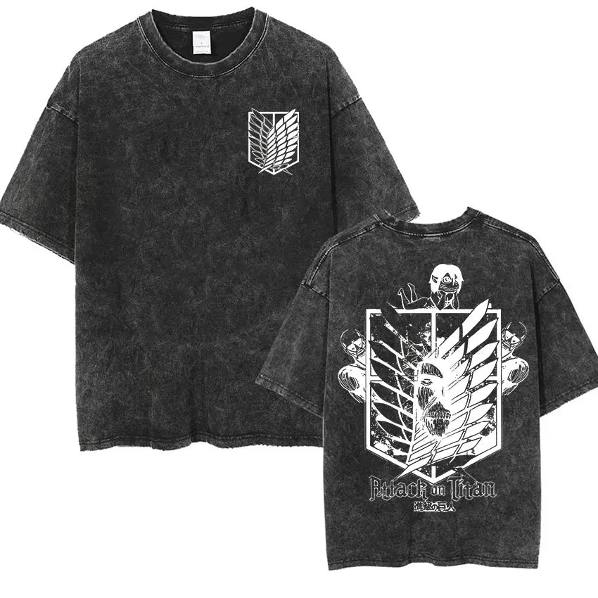 ⚔ Attack on Titan Vintage Wash T-Shirt — Mikasa, Eren & Wings of Freedom Logo
