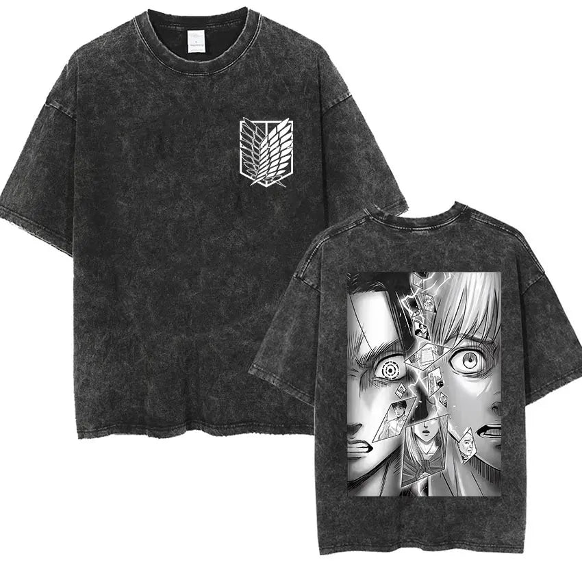 ⚔ Attack on Titan Vintage Wash T-Shirt — Mikasa, Eren & Wings of Freedom Logo