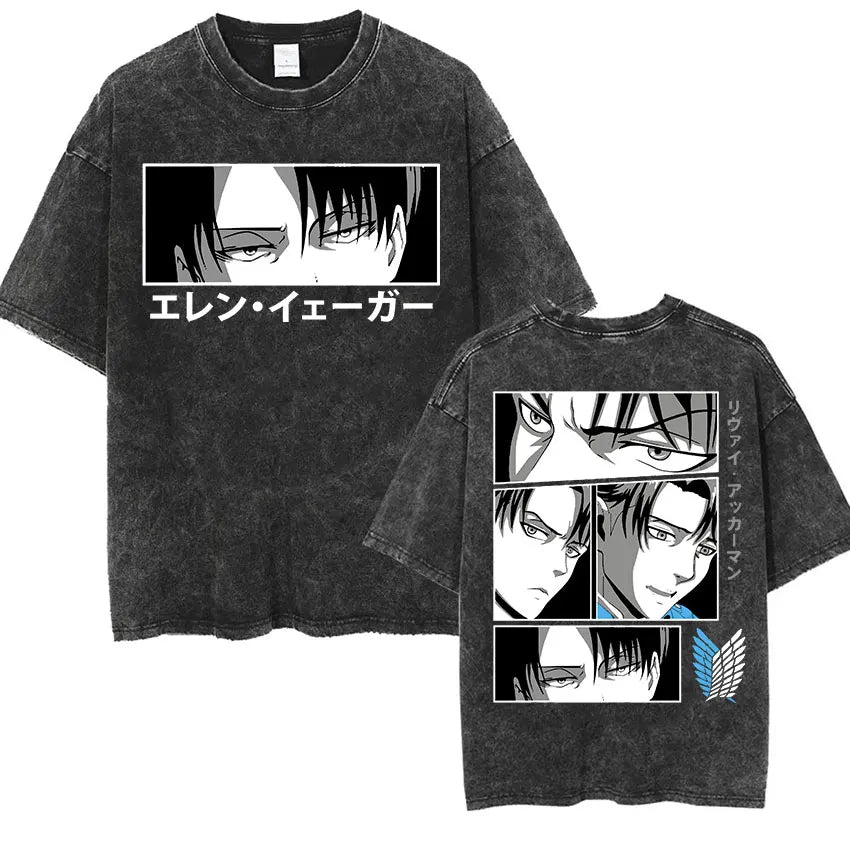⚔ Attack on Titan Vintage Wash T-Shirt — Mikasa, Eren & Wings of Freedom Logo