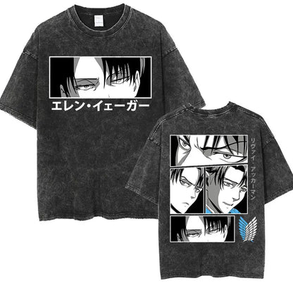 ⚔ Attack on Titan Vintage Wash T-Shirt — Mikasa, Eren & Wings of Freedom Logo