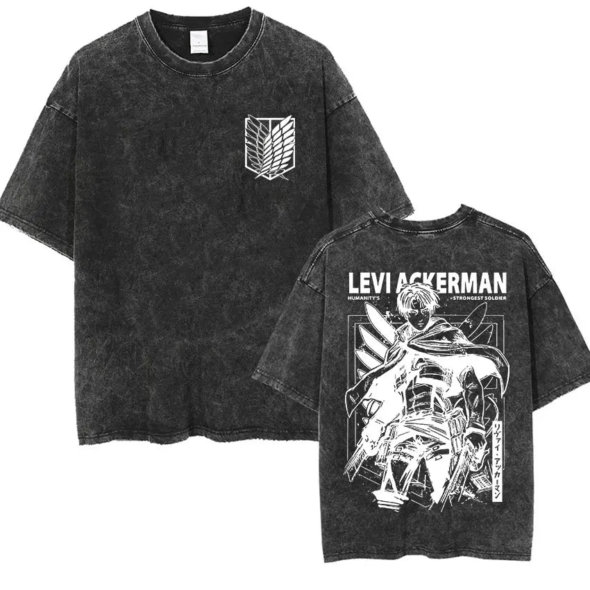 ⚔ Attack on Titan Vintage Wash T-Shirt — Mikasa, Eren & Wings of Freedom Logo