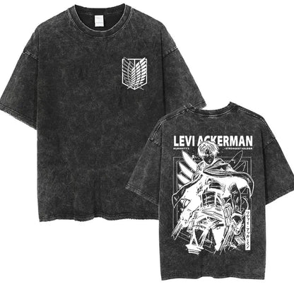 ⚔ Attack on Titan Vintage Wash T-Shirt — Mikasa, Eren & Wings of Freedom Logo