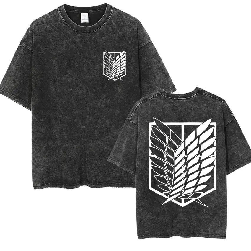 ⚔ Attack on Titan Vintage Wash T-Shirt — Mikasa, Eren & Wings of Freedom Logo