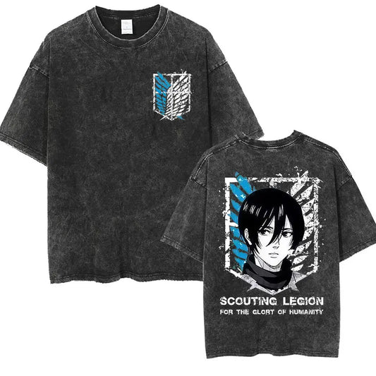 ⚔ Attack on Titan Vintage Wash T-Shirt — Mikasa, Eren & Wings of Freedom Logo