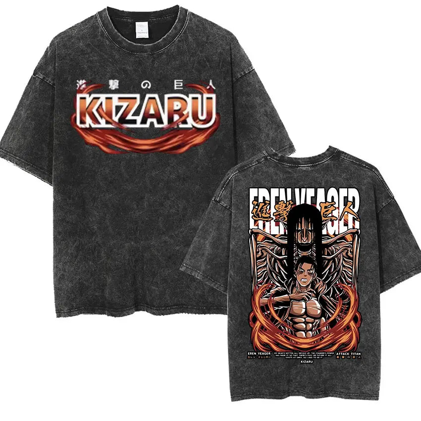 ⚔ Attack on Titan Vintage Wash T-Shirt — Mikasa, Eren & Wings of Freedom Logo