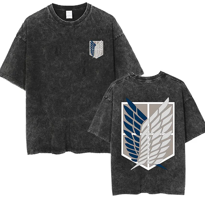 ⚔ Attack on Titan Vintage Wash T-Shirt — Mikasa, Eren & Wings of Freedom Logo