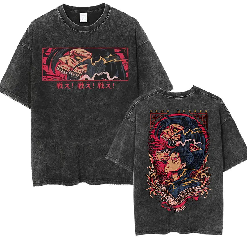 ⚔ Attack on Titan Vintage Wash T-Shirt — Mikasa, Eren & Wings of Freedom Logo