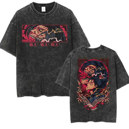 ⚔ Attack on Titan Vintage Wash T-Shirt — Mikasa, Eren & Wings of Freedom Logo