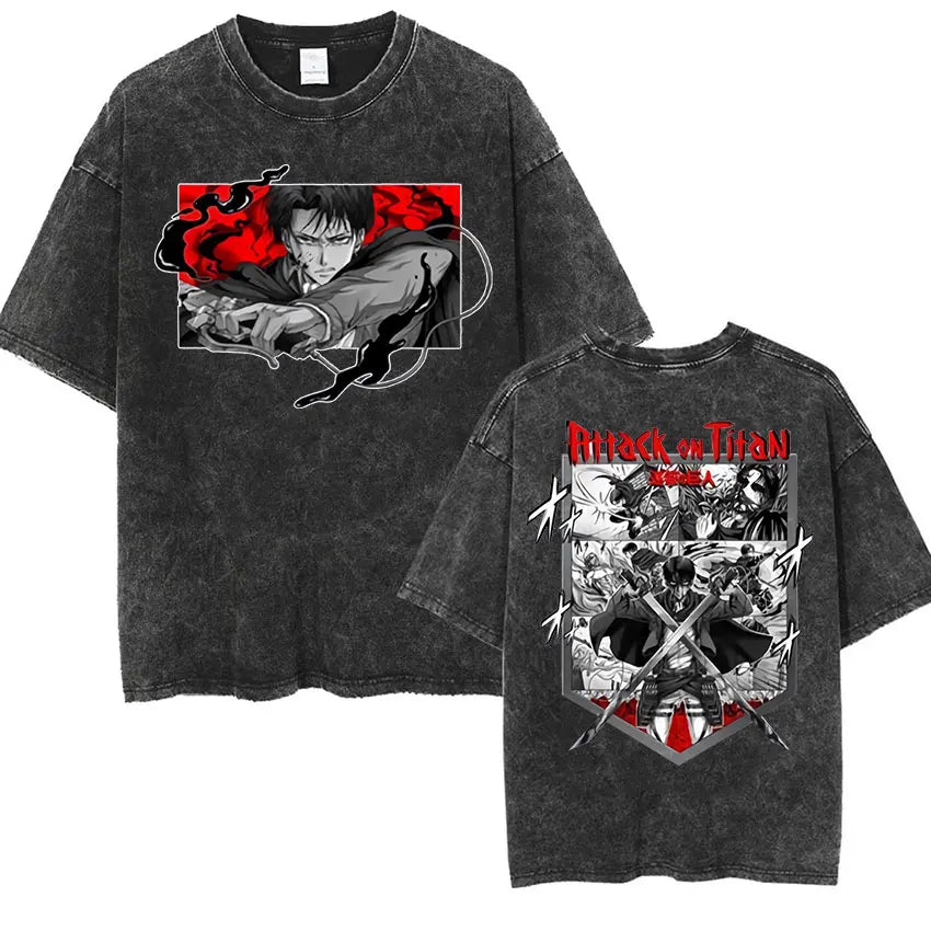 ⚔ Attack on Titan Vintage Wash T-Shirt — Mikasa, Eren & Wings of Freedom Logo