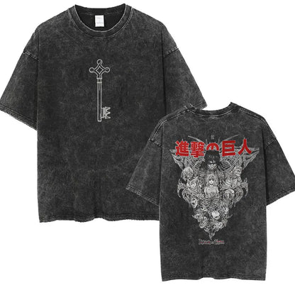 ⚔ Attack on Titan Vintage Wash T-Shirt — Mikasa, Eren & Wings of Freedom Logo