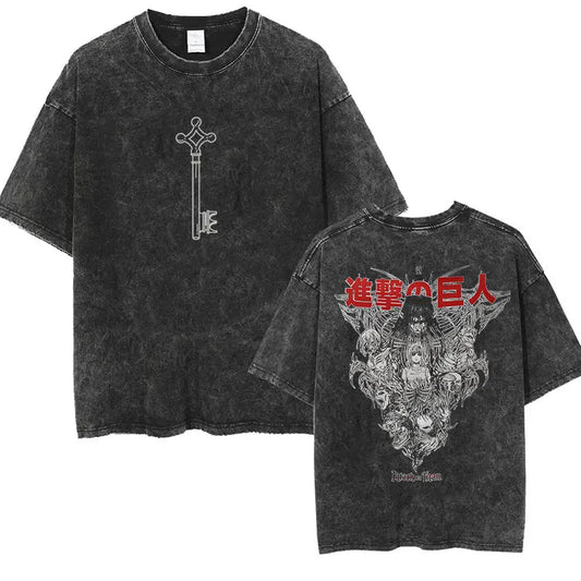 ⚔ Attack on Titan Vintage Wash T-Shirt — Mikasa, Eren & Wings of Freedom Logo