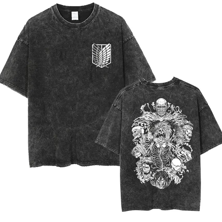 ⚔ Attack on Titan Vintage Wash T-Shirt — Mikasa, Eren & Wings of Freedom Logo