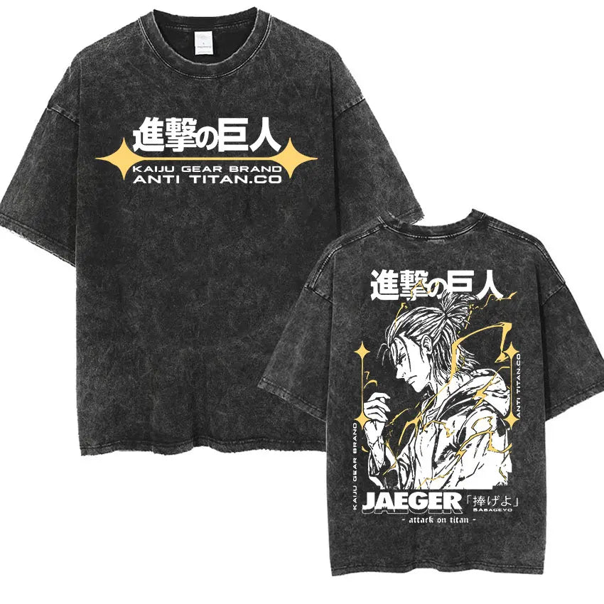 ⚔ Attack on Titan Vintage Wash T-Shirt — Mikasa, Eren & Wings of Freedom Logo