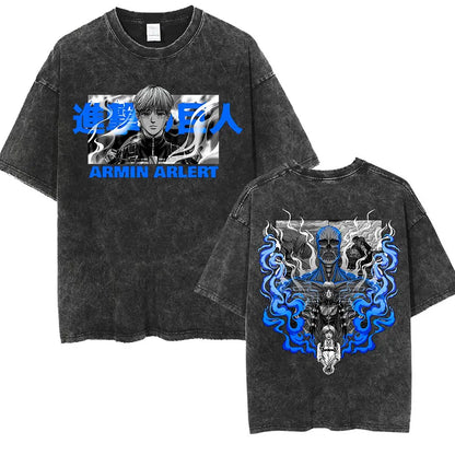 ⚔ Attack on Titan Vintage Wash T-Shirt — Mikasa, Eren & Wings of Freedom Logo