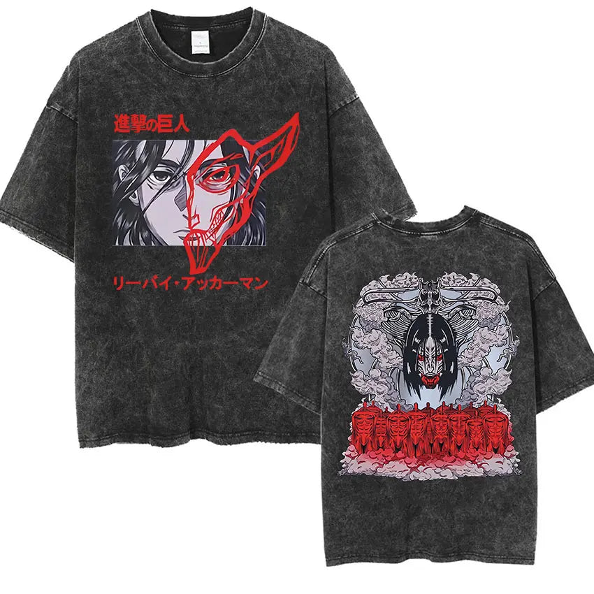 ⚔ Attack on Titan Vintage Wash T-Shirt — Mikasa, Eren & Wings of Freedom Logo