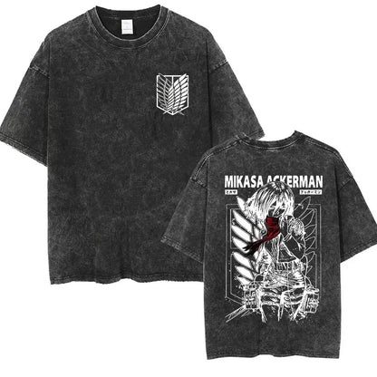 ⚔ Attack on Titan Vintage Wash T-Shirt — Mikasa, Eren & Wings of Freedom Logo