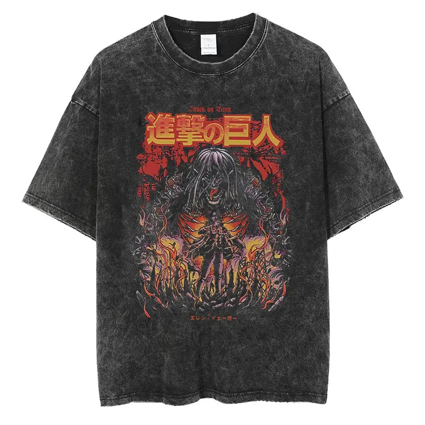 ⚔ Attack on Titan Vintage Wash T-Shirt — Mikasa, Eren & Wings of Freedom Logo