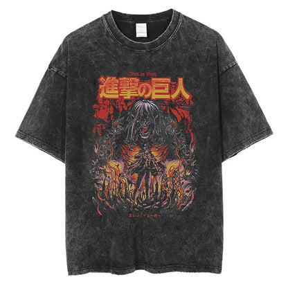 ⚔ Attack on Titan Vintage Wash T-Shirt — Mikasa, Eren & Wings of Freedom Logo