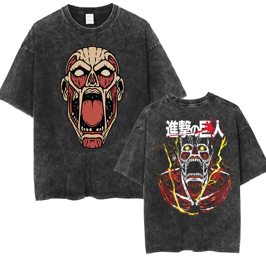 ⚔ Attack on Titan Vintage Wash T-Shirt — Mikasa, Eren & Wings of Freedom Logo